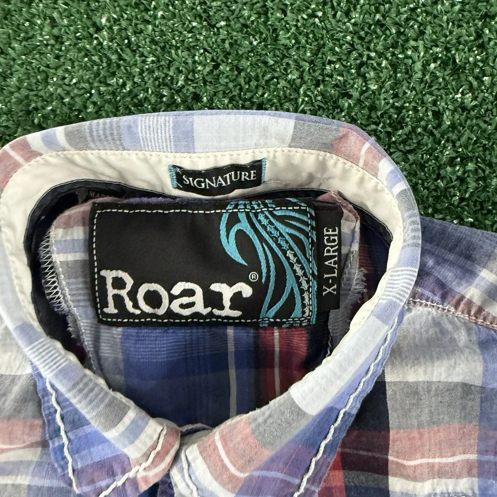 Roar Men's Long Sleeve Button Shirt Size XL Blue Plaid Embroidered
